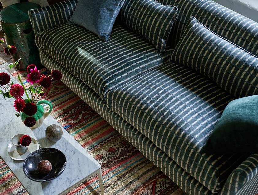 Cromer 3 Seater Sofa in V&A Threads of India Opulent Velvets Ikat Mirage Hunter fabric detail